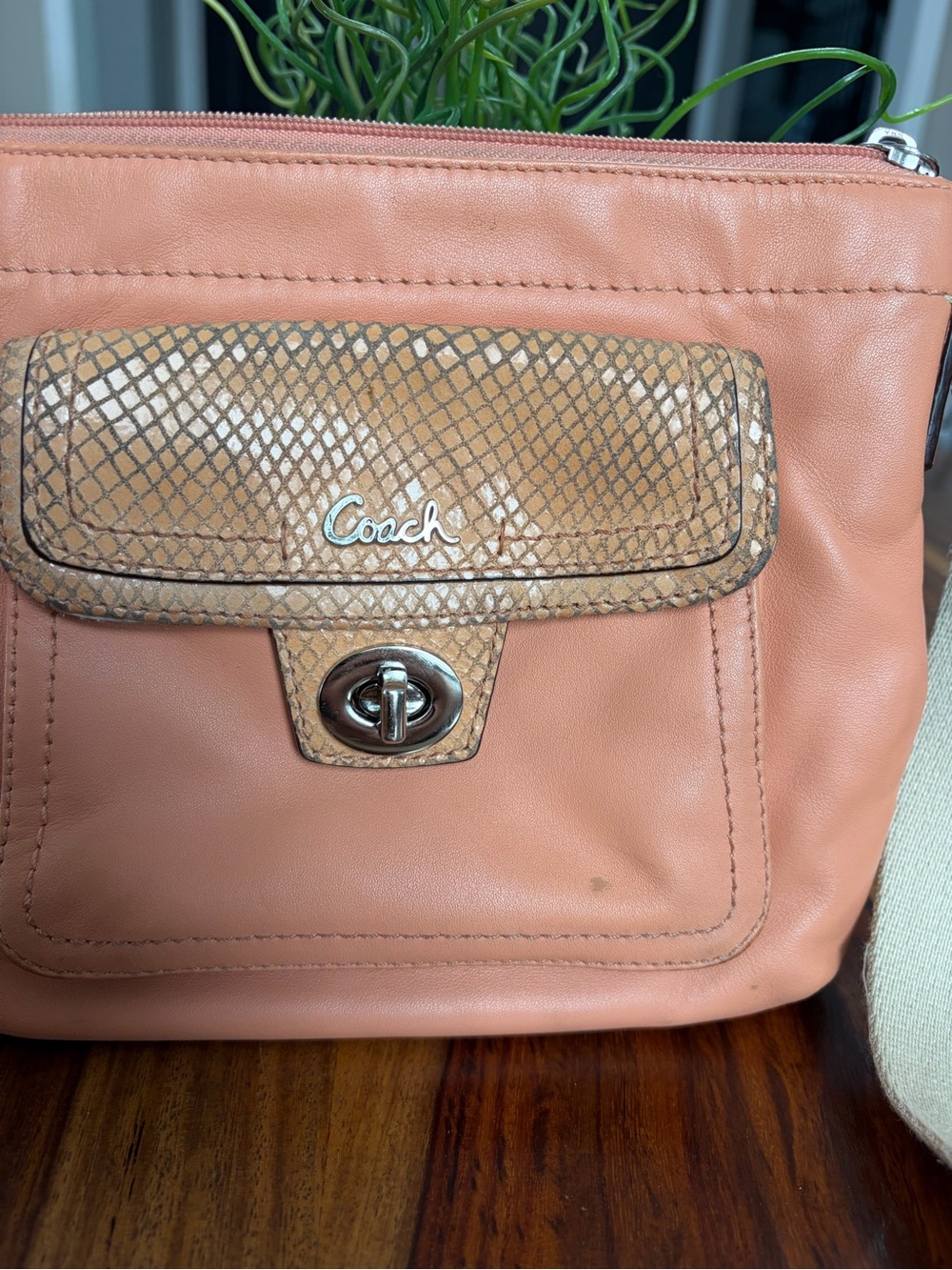 Vintage Coach Peach Leather Crossbody with Snakeskin Flap. Well loved 🥰